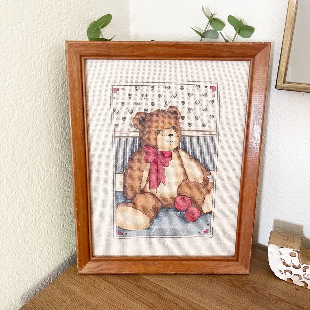 Vintage Teddy Bear Cross Stitch Framed Wall Art Wood Frame Nursery Decor